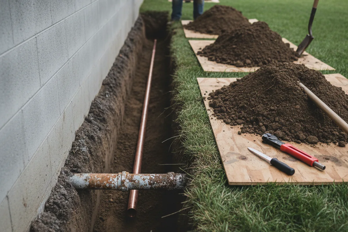 Excavated water line trench during Water Heater Repair in Ipswich